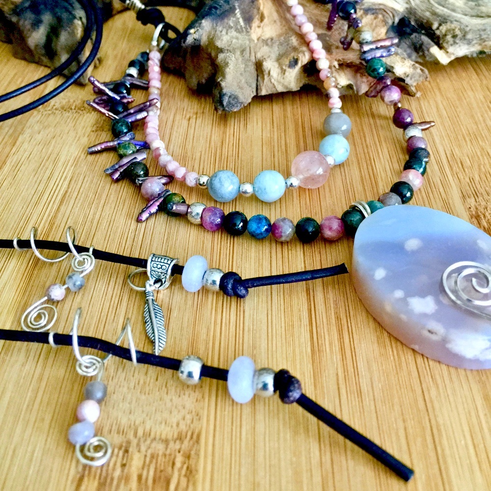 Pink Opal, Gemstone, Boho Leather Necklace - Picture 2 of 8